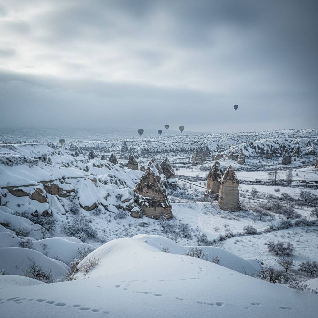 Snow-covered Cappadocia landscape in winter
