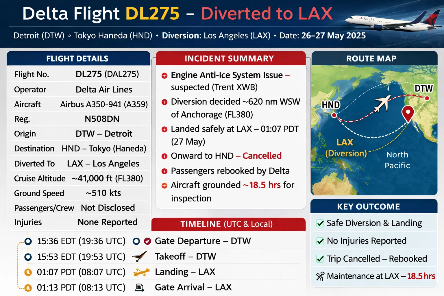 delta flight dl275 japan diversion lax details